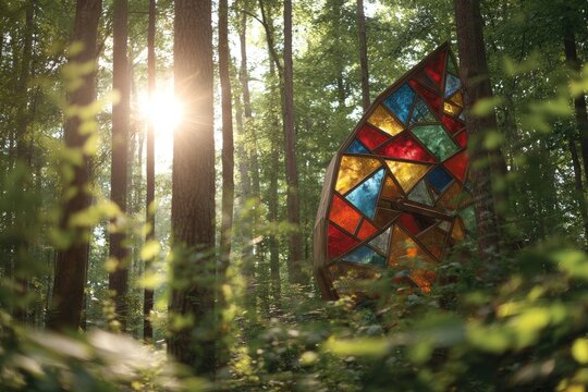 Colorful stained glass sculpture in a sunlit forest