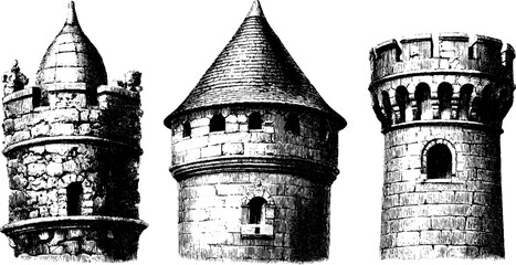 Obraz premium Vintage engraving of fortress towers in hand drawn style for historical design