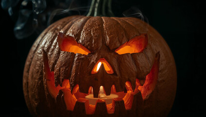 Macro Close-Up of Realistic Jack-o’-Lantern with Glowing Candle and Smoke – Halloween Detail