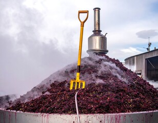 Grapes in a processing tank, with a yellow shovel and steam