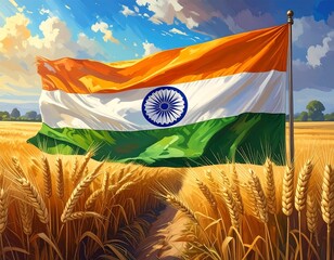 Indian Flag Fluttering Over a Golden Wheat Field