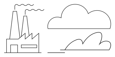 Factory emitting smoke from chimneys beside clouds, symbolizing industrial pollution, climate change, and sustainability. Ideal for ecology, industry, environment, awareness, pollution