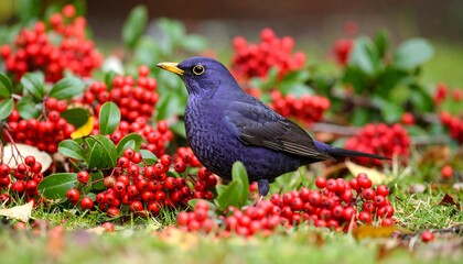 Vibrant purple bird amidst red berries