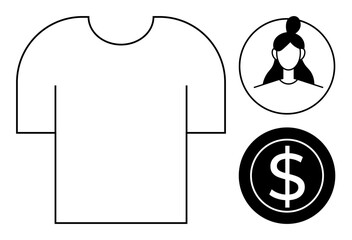 T-shirt, avatar in a circle, and dollar sign illustrating online shopping, e-commerce, fashion design, retail business, customer connection, garment branding product pricing. Simple flat metaphor