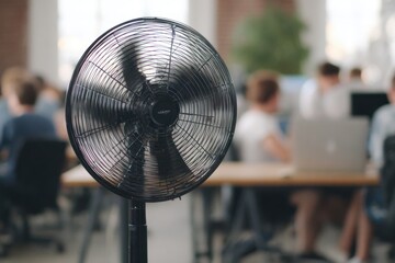 Modern office environment featuring a standing fan with blurred workers and laptops in background