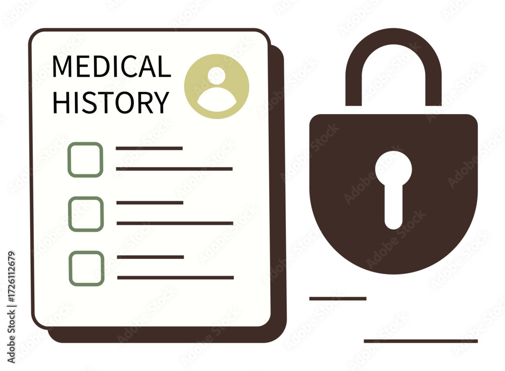 Poster medical history document with checklist and user icon alongside a secure lock icon. ideal for health