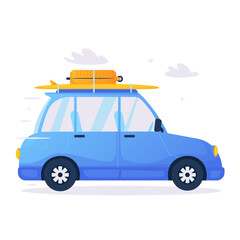 Travel Car with Surfboard Summer Vacation Vector Object