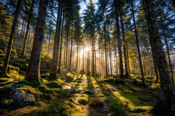 Obraz premium Sunlight streams through a misty forest (2)