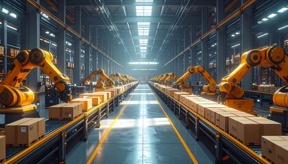 Precision robotics handle packages on a long conveyor belt system within a clean, modern automated factory, highlighting advanced manufacturing and logistics efficiency for future production