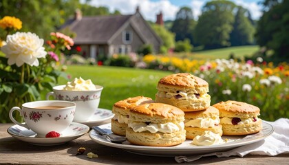Scones with clotted cream on plate