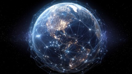 Obraz premium Earth with holographic trading networks, network connection, global commerce.