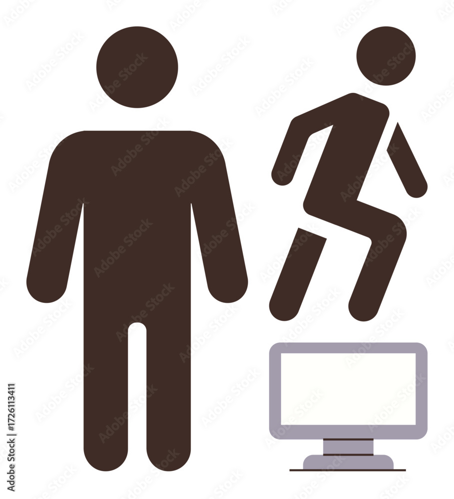 Poster silhouette of a standing person, dynamic figure in motion, and computer monitor. ideal for technolog