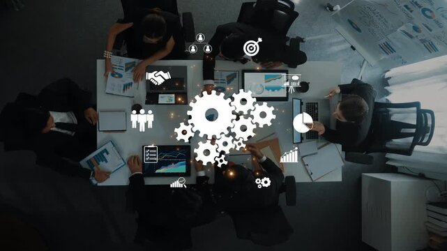 A dynamic business meeting scene showcasing professionals collaborating around a conference table, engaging with digital tools and analytical data to drive strategic decision-making. Raster