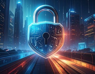 Futuristic cityscape with a large, metallic padlock