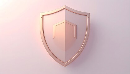 A golden shield sits centered against a pale pink backdrop, featuring shield within