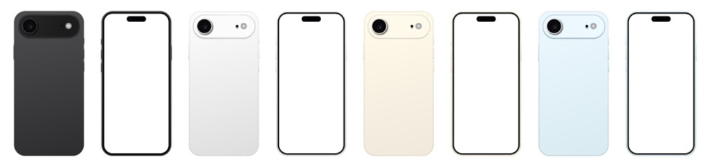 A collection of modern smartphones in multiple colors, featuring front and back views with single cameras and blank white screens for versatile digital mockups.