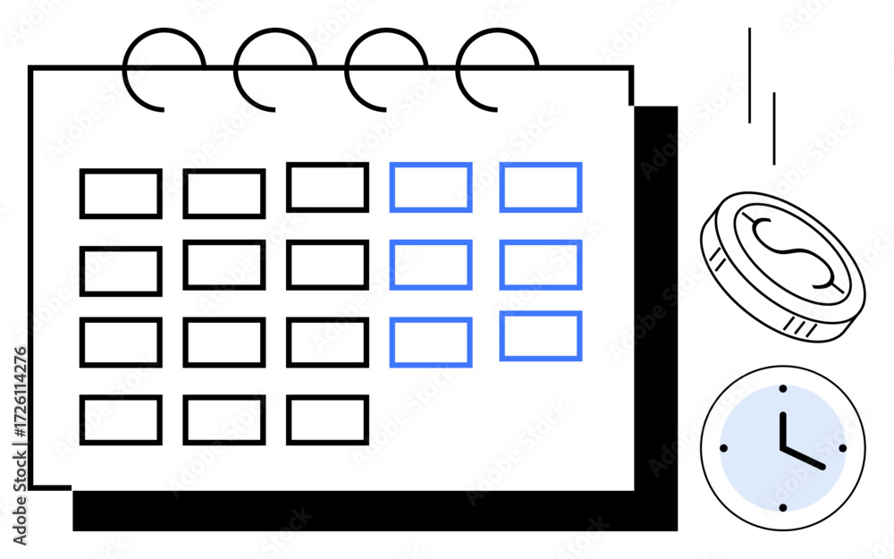 Poster calendar with marked dates, coin in motion, and clock signifying scheduling, time management, budget