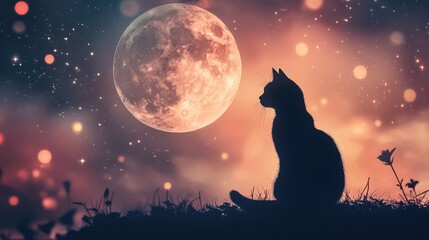 Enchanted Night: A Silhouette of a Cat Underneath a Majestic Moon