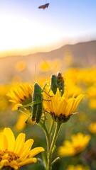 Grasshoppers on vibrant yellow flowers at sunset