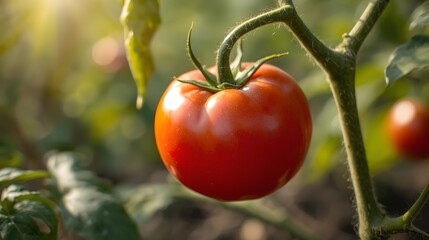 Ripe red tomato hanging on green vine, natural garden background, organic farming concept, soft natural light.