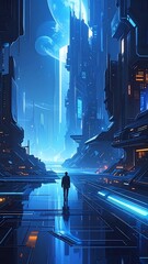 Futuristic cityscape with lone figure