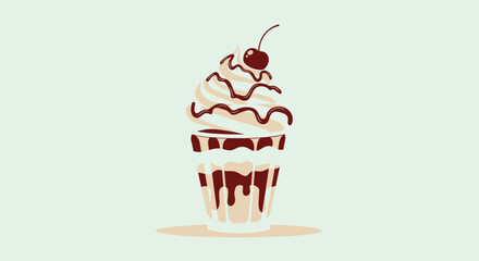 A stylized illustration of a sundae with vanilla ice cream, chocolate sauce, and a cherry on top, set against a light background.