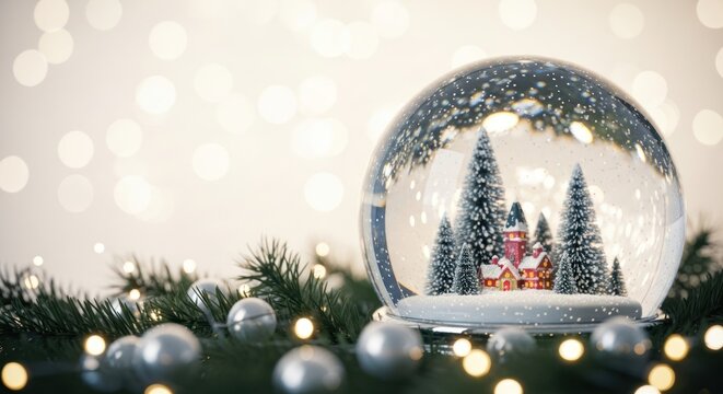 Magical Christmas Snow Globe with a Winter Village, Set Against Warm Bokeh Lights