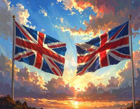 Majestic union jack flags against a vibrant sunset sky