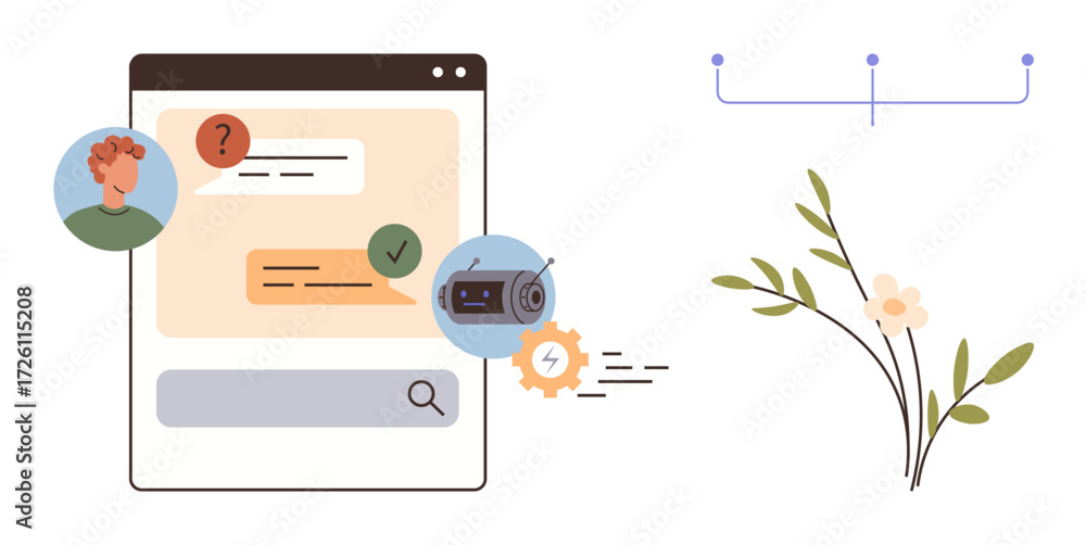 Poster digital conversation between user and ai chatbot on web interface with text bubbles, search bar, and