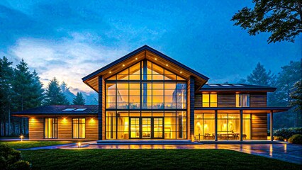 Modern two-story house with glass facade, wood accents and warm lighting in landscaped twilight setting showcasing luxury and natural design