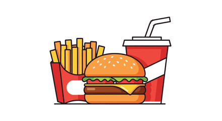 Cartoon illustration of a fast food meal including a burger, french fries in a red container, and a red soda cup with a straw.
