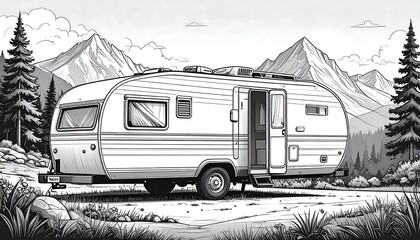 Illustrated campervan in nature, sketched with mountains and trees backdrop in grayscale