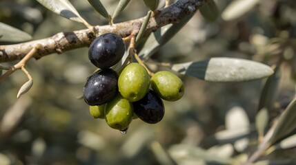 Cluster of ripe black and green olives hanging on olive tree.