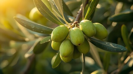 close-up of green olives growing on branch with fresh leaves