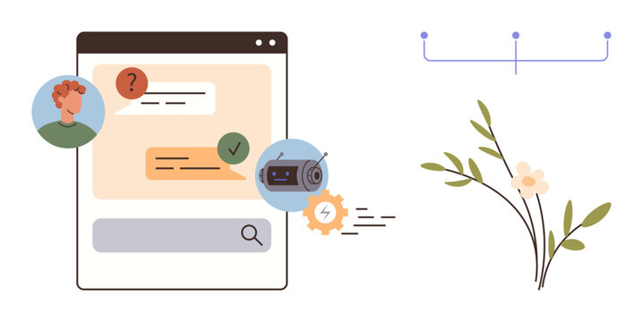 Digital conversation between user and AI chatbot on web interface with text bubbles, search bar, and gears. Includes minimalistic floral detail. Ideal for technology, communication, UX design