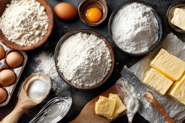 Baking ingredients arranged on a dark surface (1)