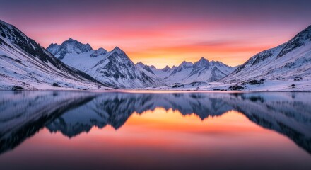 Winter's Mirror: Jagged Snowy Peaks and Pastel Twilight Reflected in a Tranquil Fjord