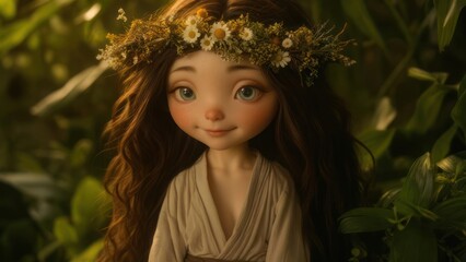 Animated Girl with Flower Crown in Lush Greenery.