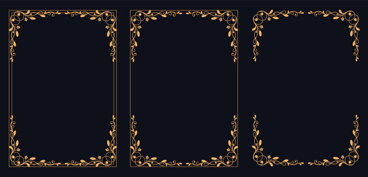 Golden Frames: A set of elegant rectangular frames adorned with delicate golden leaves on a deep, inviting background, perfect for adding a touch of sophistication.