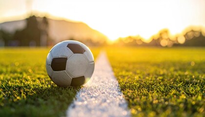 a soccer ball on white line of stadium