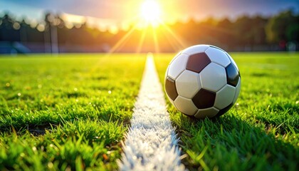 a soccer ball on white line of stadium