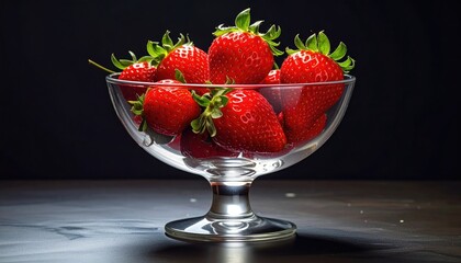Bowl of Succulent Strawberries: A visually appealing arrangement of fresh, ripe strawberries is presented in an elegant glass bowl, showcasing the vibrant colors and natural textures of the fruit.