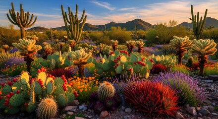 Colorful desert landscape with cacti and succulents in Phoenix, Arizona, USA