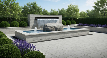 Obraz premium A serene landscape design featuring a rectangular water feature with a cascading waterfall, large boulder, and surrounding lush greenery. Clean lines and natural stone create a tranquil ambi
