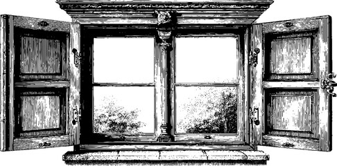 Vintage engraving of an old house window with open shutters