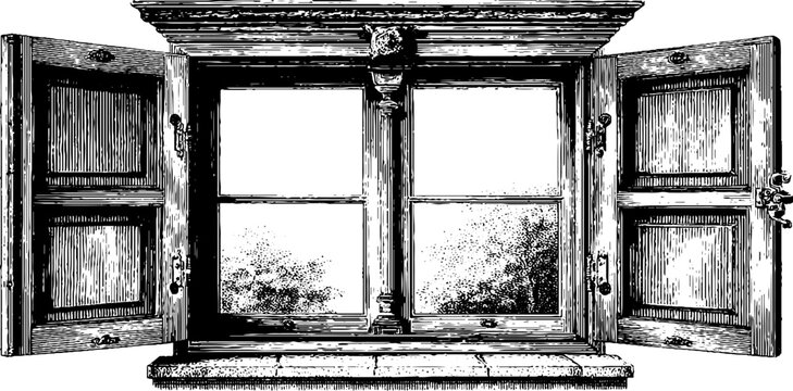 Vintage engraving of an old house window with open shutters
