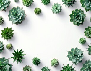 Top-down view of assorted succulents arranged in a seamless geometric pattern, white background, clean negative space, modern stock photo style