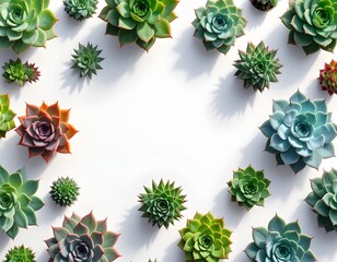 Top-down view of assorted succulents arranged in a seamless geometric pattern, white background, clean negative space, modern stock photo style