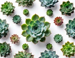 Top-down view of assorted succulents arranged in a seamless geometric pattern, white background, clean negative space, modern stock photo style