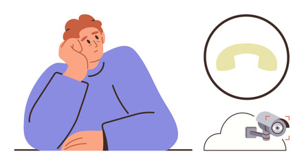 Thoughtful individual resting their head on hand, phone receiver above, surveillance camera near cloud. Ideal for technology, communication, privacy, surveillance, introspection, connection digital